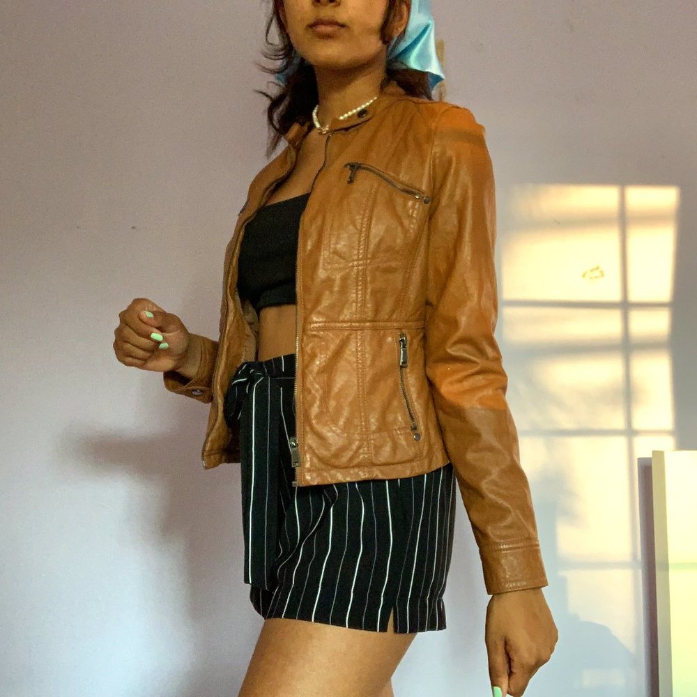 Copper Brown Fitted Faux Leather Jacket (Cropped)
